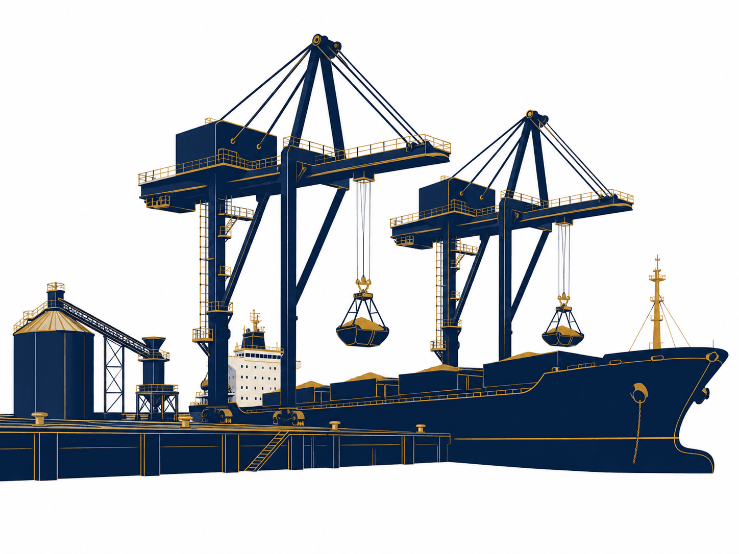 Gantry cranes loading a bulk vessel at port